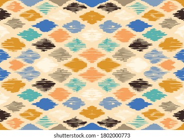 Ikat geometric folklore ornament with diamonds. Tribal ethnic vector texture. Seamless striped pattern in Aztec style. Folk embroidery. Indian, Scandinavian, Gypsy, Mexican, African rug.
