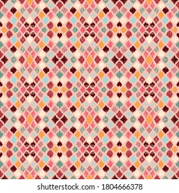 Ikat geometric folklore ornament with diamonds. Tribal ethnic vector texture. Seamless striped pattern in Aztec style. Folk embroidery. Indian, Scandinavian, Gypsy, Mexican, African rug.