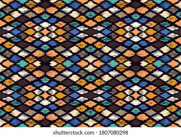Ikat geometric folklore ornament with diamonds. Tribal ethnic vector texture. Seamless striped pattern in Aztec style. Folk embroidery. Indian, Scandinavian, Gypsy, Mexican, African rug.