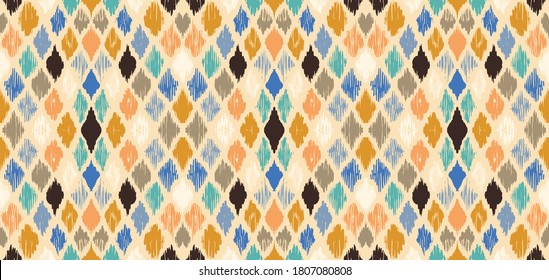 Ikat geometric folklore ornament with diamonds. Tribal ethnic vector texture. Seamless striped pattern in Aztec style. Folk embroidery. Indian, Scandinavian, Gypsy, Mexican, African rug.
