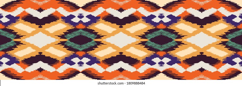 Ikat geometric folklore ornament with diamonds. Tribal ethnic vector texture. Seamless striped pattern in Aztec style. Folk embroidery. Indian, Scandinavian, Gypsy, Mexican, African rug.