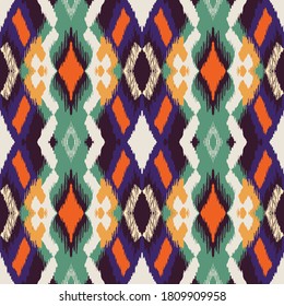 Ikat geometric folklore ornament with diamonds. Tribal ethnic vector texture. Seamless striped pattern in Aztec style. Folk embroidery. Indian, Scandinavian, Gypsy, Mexican, African rug.