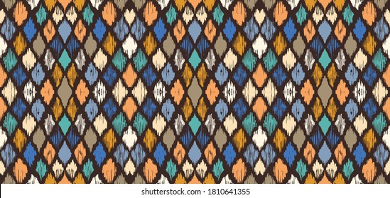 Ikat geometric folklore ornament with diamonds. Tribal ethnic vector texture. Seamless striped pattern in Aztec style. Folk embroidery. Indian, Scandinavian, Gypsy, Mexican, African rug.