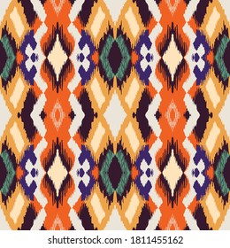 Ikat geometric folklore ornament with diamonds. Tribal ethnic vector texture. Seamless striped pattern in Aztec style. Folk embroidery. Indian, Scandinavian, Gypsy, Mexican, African rug.