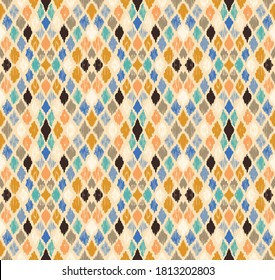 Ikat geometric folklore ornament with diamonds. Tribal ethnic vector texture. Seamless striped pattern in Aztec style. Folk embroidery. Indian, Scandinavian, Gypsy, Mexican, African rug.