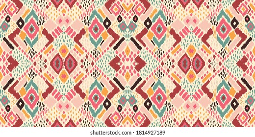 Ikat geometric folklore ornament with diamonds. Tribal ethnic vector texture. Seamless striped pattern in Aztec style. Folk embroidery. Indian, Scandinavian, Gypsy, Mexican, African rug. 