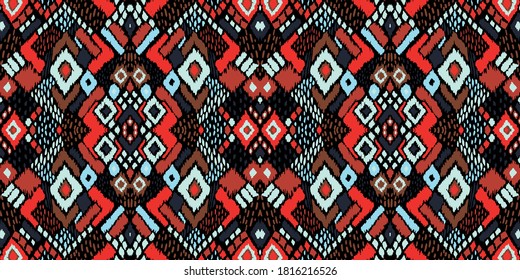 Ikat geometric folklore ornament with diamonds. Tribal ethnic vector texture. Seamless striped pattern in Aztec style. Folk embroidery. Indian, Scandinavian, Gypsy, Mexican, African rug. 