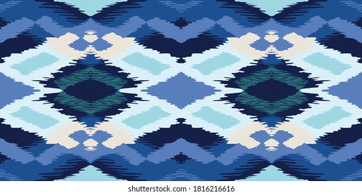 Ikat geometric folklore ornament with diamonds. Tribal ethnic vector texture. Seamless striped pattern in Aztec style. Folk embroidery. Indian, Scandinavian, Gypsy, Mexican, African rug.