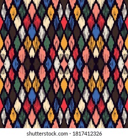 Ikat geometric folklore ornament with diamonds. Tribal ethnic vector texture. Seamless striped pattern in Aztec style. Folk embroidery. Indian, Scandinavian, Gypsy, Mexican, African rug.