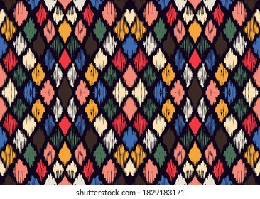 Ikat geometric folklore ornament with diamonds. Tribal ethnic vector texture. Seamless striped pattern in Aztec style. Folk embroidery. Indian, Scandinavian, Gypsy, Mexican, African rug.