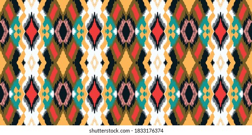 Ikat geometric folklore ornament with diamonds. Tribal ethnic vector texture. Seamless striped pattern in Aztec style. Folk embroidery. Indian, Scandinavian, Gypsy, Mexican, African rug.