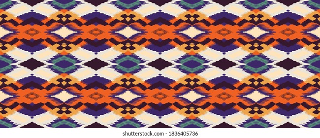 Ikat geometric folklore ornament with diamonds. Tribal ethnic vector texture. Seamless striped pattern in Aztec style. Folk embroidery. Indian, Scandinavian, Gypsy, Mexican, African rug.
