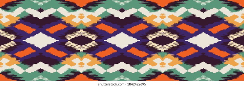 Ikat geometric folklore ornament with diamonds. Tribal ethnic vector texture. Seamless striped pattern in Aztec style. Folk embroidery. Indian, Scandinavian, Gypsy, Mexican, African rug.