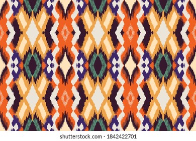 Ikat geometric folklore ornament with diamonds. Tribal ethnic vector texture. Seamless striped pattern in Aztec style. Folk embroidery. Indian, Scandinavian, Gypsy, Mexican, African rug.