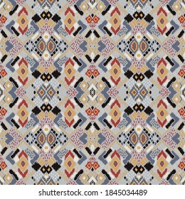 Ikat geometric folklore ornament with diamonds. Tribal ethnic vector texture. Seamless striped pattern in Aztec style. Folk embroidery. Indian, Scandinavian, Gypsy, Mexican, African rug. 