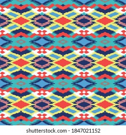 Ikat geometric folklore ornament with diamonds. Tribal ethnic vector texture. Seamless striped pattern in Aztec style. Folk embroidery. Indian, Scandinavian, Gypsy, Mexican, African rug.