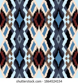 Ikat geometric folklore ornament with diamonds. Tribal ethnic vector texture. Seamless striped pattern in Aztec style. Folk embroidery. Indian, Scandinavian, Gypsy, Mexican, African rug.