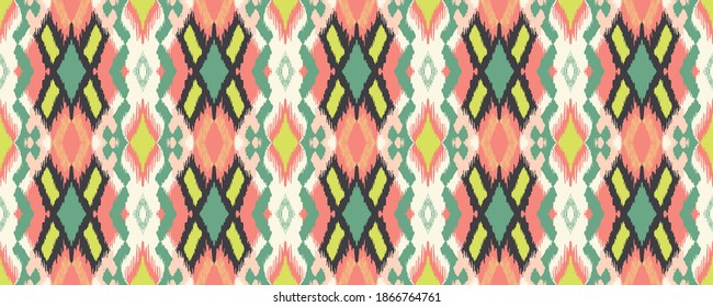 Ikat geometric folklore ornament with diamonds. Tribal ethnic vector texture. Seamless striped pattern in Aztec style. Folk embroidery. Indian, Scandinavian, Gypsy, Mexican, African rug.