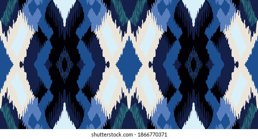 Ikat geometric folklore ornament with diamonds. Tribal ethnic vector texture. Seamless striped pattern in Aztec style. Folk embroidery. Indian, Scandinavian, Gypsy, Mexican, African rug.