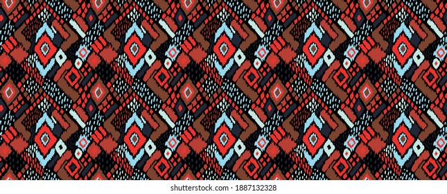 Ikat geometric folklore ornament with diamonds. Tribal ethnic vector texture. Seamless striped pattern in Aztec style. Folk embroidery. Indian, Scandinavian, Gypsy, Mexican, African rug. 