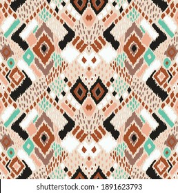 Ikat geometric folklore ornament with diamonds. Tribal ethnic vector texture. Seamless striped pattern in Aztec style. Folk embroidery. Indian, Scandinavian, Gypsy, Mexican, African rug. 