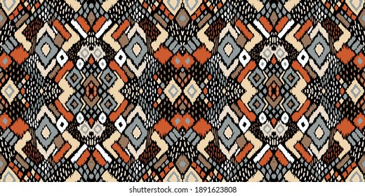 Ikat geometric folklore ornament with diamonds. Tribal ethnic vector texture. Seamless striped pattern in Aztec style. Folk embroidery. Indian, Scandinavian, Gypsy, Mexican, African rug. 