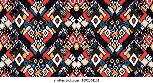 Ikat geometric folklore ornament with diamonds. Tribal ethnic vector texture. Seamless striped pattern in Aztec style. Folk embroidery. Indian, Scandinavian, Gypsy, Mexican, African rug. 