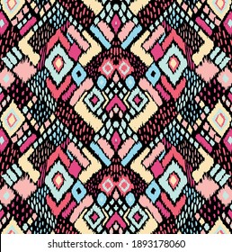 Ikat geometric folklore ornament with diamonds. Tribal ethnic vector texture. Seamless striped pattern in Aztec style. Folk embroidery. Indian, Scandinavian, Gypsy, Mexican, African rug. 