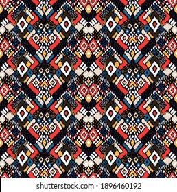 Ikat geometric folklore ornament with diamonds. Tribal ethnic vector texture. Seamless striped pattern in Aztec style. Folk embroidery. Indian, Scandinavian, Gypsy, Mexican, African rug. 