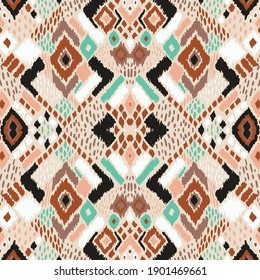 Ikat geometric folklore ornament with diamonds. Tribal ethnic vector texture. Seamless striped pattern in Aztec style. Folk embroidery. Indian, Scandinavian, Gypsy, Mexican, African rug. 