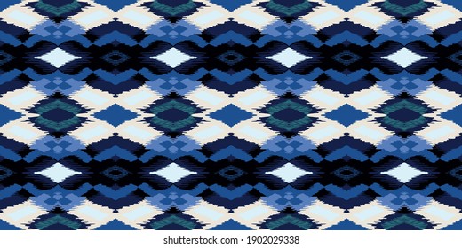 Ikat geometric folklore ornament with diamonds. Tribal ethnic vector texture. Seamless striped pattern in Aztec style. Folk embroidery. Indian, Scandinavian, Gypsy, Mexican, African rug.