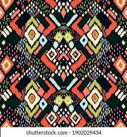 Ikat geometric folklore ornament with diamonds. Tribal ethnic vector texture. Seamless striped pattern in Aztec style. Folk embroidery. Indian, Scandinavian, Gypsy, Mexican, African rug. 