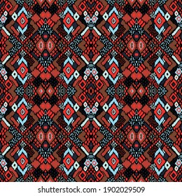 Ikat geometric folklore ornament with diamonds. Tribal ethnic vector texture. Seamless striped pattern in Aztec style. Folk embroidery. Indian, Scandinavian, Gypsy, Mexican, African rug. 