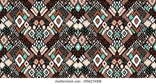 Ikat geometric folklore ornament with diamonds. Tribal ethnic vector texture. Seamless striped pattern in Aztec style. Folk embroidery. Indian, Scandinavian, Gypsy, Mexican, African rug. 