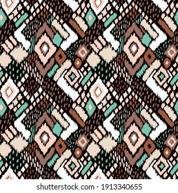 Ikat geometric folklore ornament with diamonds. Tribal ethnic vector texture. Seamless striped pattern in Aztec style. Folk embroidery. Indian, Scandinavian, Gypsy, Mexican, African rug. 