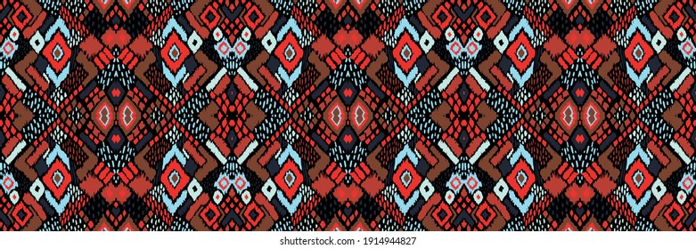 Ikat geometric folklore ornament with diamonds. Tribal ethnic vector texture. Seamless striped pattern in Aztec style. Folk embroidery. Indian, Scandinavian, Gypsy, Mexican, African rug. 