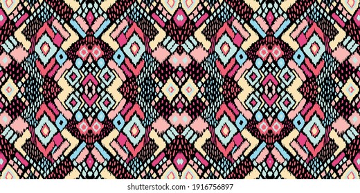 Ikat geometric folklore ornament with diamonds. Tribal ethnic vector texture. Seamless striped pattern in Aztec style. Folk embroidery. Indian, Scandinavian, Gypsy, Mexican, African rug. 