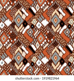Ikat geometric folklore ornament with diamonds. Tribal ethnic vector texture. Seamless striped pattern in Aztec style. Folk embroidery. Indian, Scandinavian, Gypsy, Mexican, African rug. 