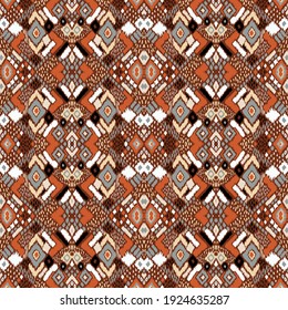 Ikat geometric folklore ornament with diamonds. Tribal ethnic vector texture. Seamless striped pattern in Aztec style. Folk embroidery. Indian, Scandinavian, Gypsy, Mexican, African rug. 