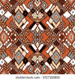 Ikat geometric folklore ornament with diamonds. Tribal ethnic vector texture. Seamless striped pattern in Aztec style. Folk embroidery. Indian, Scandinavian, Gypsy, Mexican, African rug. 