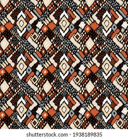 Ikat geometric folklore ornament with diamonds. Tribal ethnic vector texture. Seamless striped pattern in Aztec style. Folk embroidery. Indian, Scandinavian, Gypsy, Mexican, African rug. 