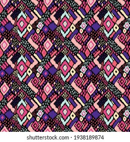 Ikat geometric folklore ornament with diamonds. Tribal ethnic vector texture. Seamless striped pattern in Aztec style. Folk embroidery. Indian, Scandinavian, Gypsy, Mexican, African rug. 