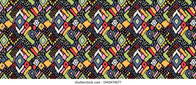 Ikat geometric folklore ornament with diamonds. Tribal ethnic vector texture. Seamless striped pattern in Aztec style. Folk embroidery. Indian, Scandinavian, Gypsy, Mexican, African rug. 