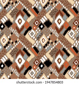 Ikat geometric folklore ornament with diamonds. Tribal ethnic vector texture. Seamless striped pattern in Aztec style. Folk embroidery. Indian, Scandinavian, Gypsy, Mexican, African rug. 