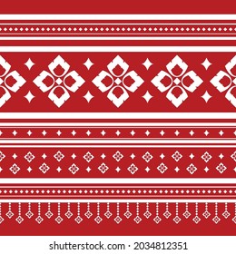 Ikat geometric folklore ornament with diamonds. Tribal ethnic vector texture. Seamless striped pattern in Aztec style. Folk embroidery. Indian, Scandinavian,  rug.,thai, traditional,red,white,tribal,