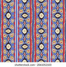 Ikat geometric folklore ornament with diamonds. Tribal ethnic vector texture. Seamless striped pattern in Aztec style. Folk embroidery. Indian, Scandinavian, Gypsy, Mexican, African rug.