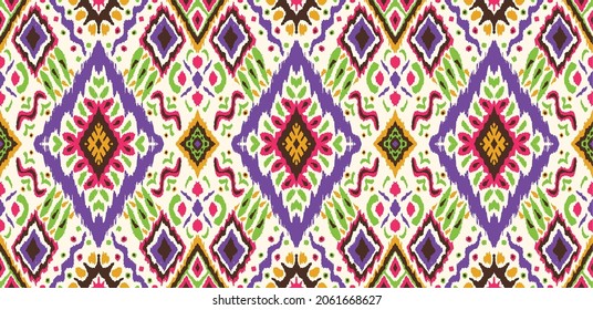 Ikat geometric folklore ornament with diamonds. Tribal ethnic vector texture. Seamless striped pattern in Aztec style. Folk embroidery. Indian, Scandinavian, Gypsy, Mexican, African rug.