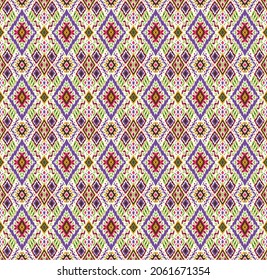 Ikat geometric folklore ornament with diamonds. Tribal ethnic vector texture. Seamless striped pattern in Aztec style. Folk embroidery. Indian, Scandinavian, Gypsy, Mexican, African rug.