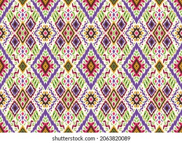 Ikat geometric folklore ornament with diamonds. Tribal ethnic vector texture. Seamless striped pattern in Aztec style. Folk embroidery. Indian, Scandinavian, Gypsy, Mexican, African rug.