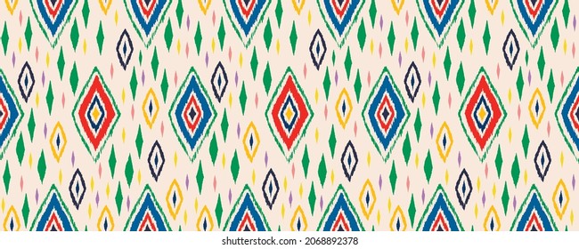 Ikat geometric folklore ornament with diamonds. Tribal ethnic vector texture. Seamless striped pattern in Aztec style. Folk embroidery. Indian, Scandinavian, Gypsy, Mexican, African rug.